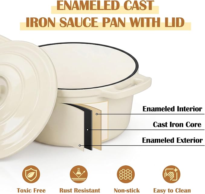 E-far Enameled Cast Iron Sauce Pan, 2 Quart Dutch Oven Saucepan with Lid, Small Sauce Pot for Cooking, Boiling, Healthy & Non Toxic, Induction & Oven Safe, Cream