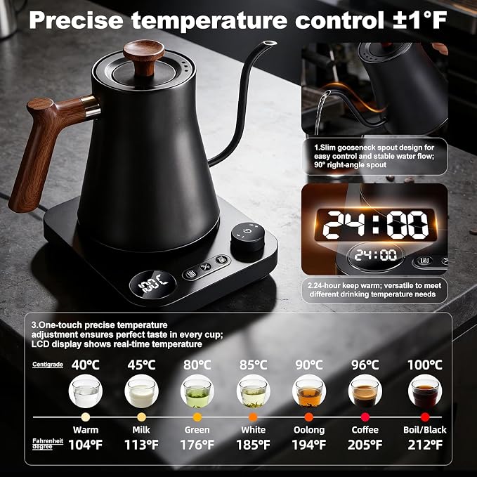 Smart Digital Electric Kettle with Variable Temperature Control, Stainless Steel Inner, 1200W Quick Heating Gooseneck Electric Kettles, Stylish Matte Finish for Coffee & Hot Beverages, 0.9L (Black)