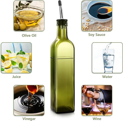 Leaflai 2 Pcs Green Glass Olive Oil Dispenser and Vinegar Dispenser Set with 2 Stainless Steel Pourers, 4 Labels, 1 Brush, 1 Funnel (500ml) for Kitchen, Cooking, Salad Dressing, Barbecue, Mixing