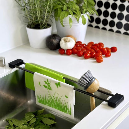 Sanni Shoo drip.line Pure drip Tray/Rack, Practical, Multifunctional Kitchen Rack for Storing dishcloths and Brushes, drip Drying Bottles, extendable, Heat-Resistant (Black Steel Edition, Pure)