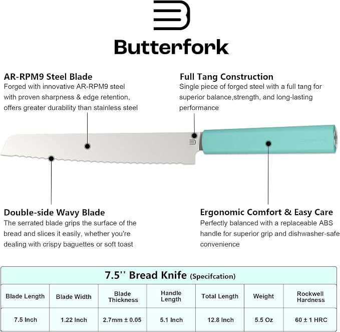 7.5" Serrated Bread Knife for Homemade Bread, Razor Sharp AR-RPM9 Steel & Innovative Wavy Edge, Professional Serrated Knife for Sourdough Bread Cake, Gift for Baker Home Chefs