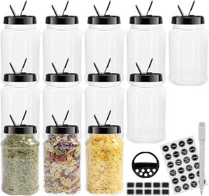 12 Pack 16 oz Clear Plastic Spice Jars With Black Plastic Lids, Spice Bottles, Seasoning Containers with Chalk Labels, Pen, Spices Containers For Kitchen Cabinet