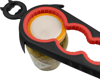 Jar Opener Bottle Opener for Arthritis, 5-in-1 Multifunctional Jar Opener, Easy Grip for Seniors and Weak Hands, Devil Shape Kitchen Gadget for Jar, Beer and Bottle (Black and Red)