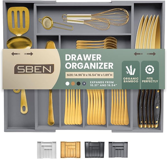 Sben Expandable Drawer Organizer for Utensils Holder, Adjustable Cutlery Tray, 6-8 Slots, Premium Wood Drawer Dividers Organizer for Silverware, Flatware, Knives for Kitchen (Gray)