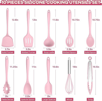 TeamFar Kitchen Cooking Utensils, 10 pcs Silicone Cooking Utensils Set, 446°F Heat Resistant Kitchen Gadgets Tools Set w/Spatula, Turners, Spoons, Soup Ladle, Pasta Server for Nonstick Cookware, Pink