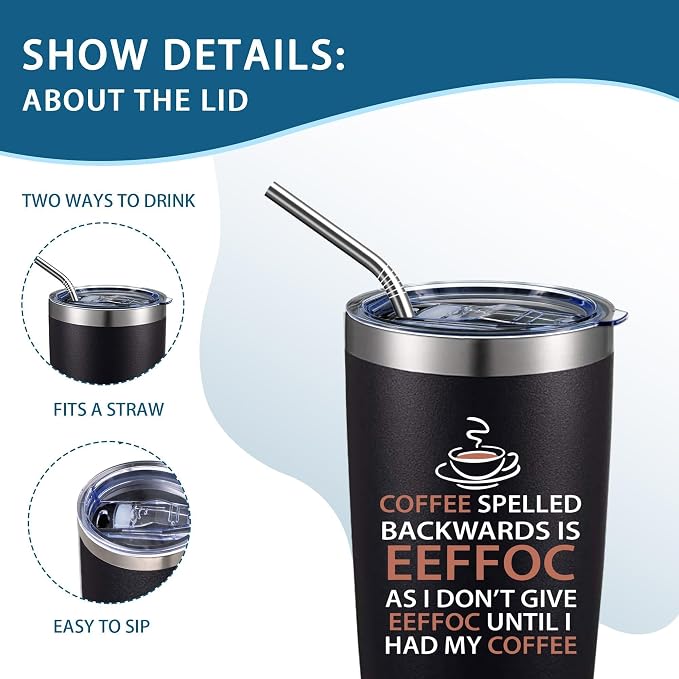 Eeffoc Is Coffee Spelled Backwards Funny Coffee Tumbler,20oz Insulated Stainless Steel Travel Mug with Lid,Straw and Brush,Double Wall Iced Travel Cup,Gifts for Women,Men,Boss,Friends,Employ(Black)