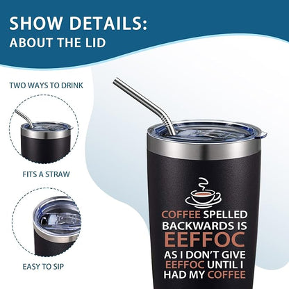 Eeffoc Is Coffee Spelled Backwards Funny Coffee Tumbler,20oz Insulated Stainless Steel Travel Mug with Lid,Straw and Brush,Double Wall Iced Travel Cup,Gifts for Women,Men,Boss,Friends,Employ(Black)