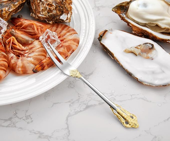 KEAWELL Luxury 6.3" Food Fork/Seafood Forks 18/10 Stainless Steel, Set of 6, Fruit Picks/Cocktail Forks/Charcuterie Accessories/Cocktail Picks for Appetizer, Cocktail, Pastry, Dessert (Gold Accent)