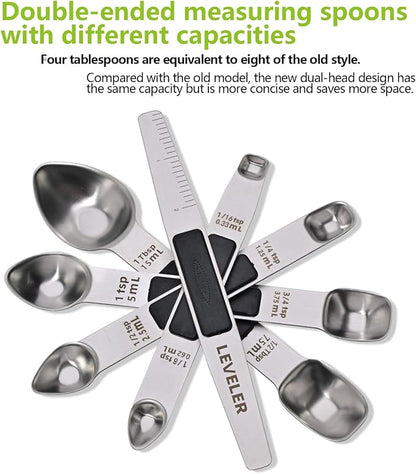 Stainless Steel Magnetic Measuring Spoons Set, Heavy Duty Metal Kitchen Gadgets for Baking & Cooking, Fits in Most Kitchen Spice Jars, Set of 4 with Leveler (Black)