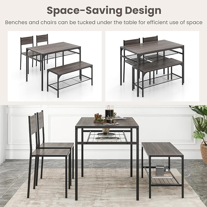 Giantex Dining Table Set for 4, Kitchen Table with Chairs & Bench, Storage Racks, Metal Frame, 4-Piece Space-Saving Dinette Set for Dining Room, Breakfast Nook, Small Space, Apartment, Grey