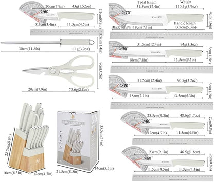 White Knife Set with Wood Block, 14-Piece Aesthetic Kitchen Knife Sets for Women,Non Rust Sharp Stainless Steel Knives With Sharpener,Gifts for Modern Kitchen Decor