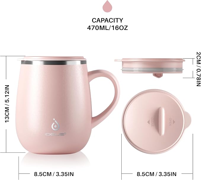 Ideus 16 oz Insulated Coffee Mug with Handle and Lid, Double Wall Stainless Steel Vacuum Thermal Coffee Mug, Travel Coffee Cup Thermal Cup for Home and Office, Sakura Pink