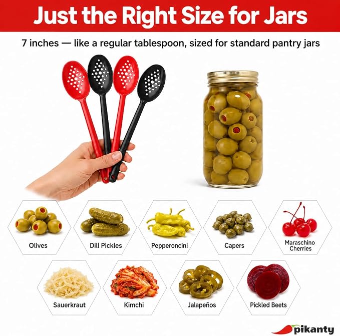 Olive and Pickle Spoon Set of 4, 7-Inch Small Slotted Serving Utensils for Jars, Red and Black, Perfect for Olives, Pickles, Capers, Pepperoncini, Cherries, Dishwasher Safe, Made in USA by Pikanty