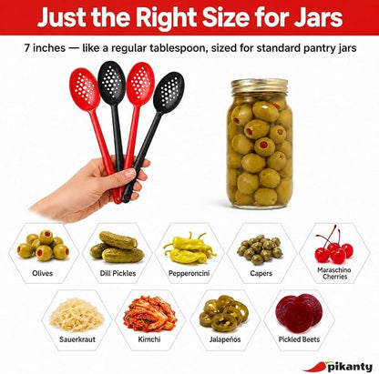 Olive and Pickle Spoon Set of 4, 7-Inch Small Slotted Serving Utensils for Jars, Red and Black, Perfect for Olives, Pickles, Capers, Pepperoncini, Cherries, Dishwasher Safe, Made in USA by Pikanty