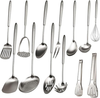 304 Stainless Steel Cooking Utensils Set, 13 PCS Long Large Metal Cooking Utensil Tools Set, Mirror Polished Kitchen Gadget Cookware and Kitchen Tool Set, Dishwasher Safe
