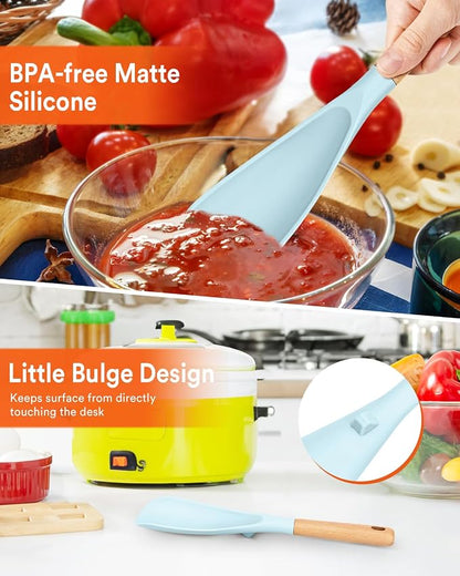 Cooking Spoon for Nonstick Cookwares, Great for Cooking and Serving Sturdy BPA-Free Matte Silicone, Wood Handle Spoon for Mixing, Scoop, and Scrape (BLUE, 11.4 inch)