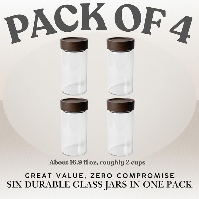 Wide Mouth Glass Storage Jars With 3" Acacia Wood Lids - 4 Pack of 16.9 Oz Airtight Food Storage Containers - Borosilicate Glass Canisters for Kitchen - Pantry Organizers Storage for Flour Rice Coffee