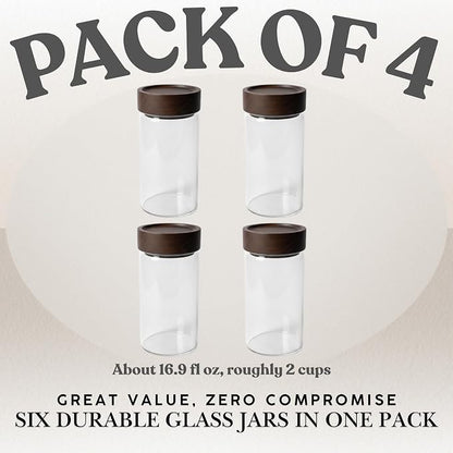 Wide Mouth Glass Storage Jars With 3" Acacia Wood Lids - 4 Pack of 16.9 Oz Airtight Food Storage Containers - Borosilicate Glass Canisters for Kitchen - Pantry Organizers Storage for Flour Rice Coffee