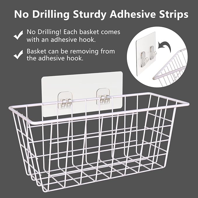 MaraFansie Wall Wire Baskets Bin No Drilling Adhesive Hanging Baskets Wall Mounted for Cabinet & Pantry Organization and Kitchen, Bathroom, Bedroom Storage, 2 Pack, White