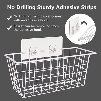 MaraFansie Wall Wire Baskets Bin No Drilling Adhesive Hanging Baskets Wall Mounted for Cabinet & Pantry Organization and Kitchen, Bathroom, Bedroom Storage, 2 Pack, White