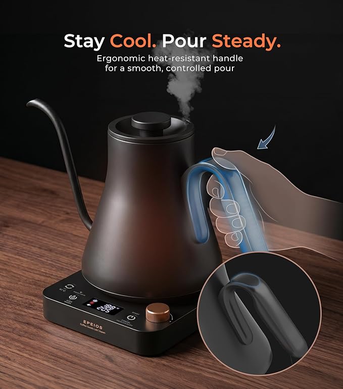 Epeios Electric Kettle, Gooseneck Electric Kettle with ±1°F Temperature Control, 1200W Rapid Heating for Pour Over Coffee & Tea, 304 Stainless Steel Interior, Auto Shut-Off, 0.9L, Black Walnut