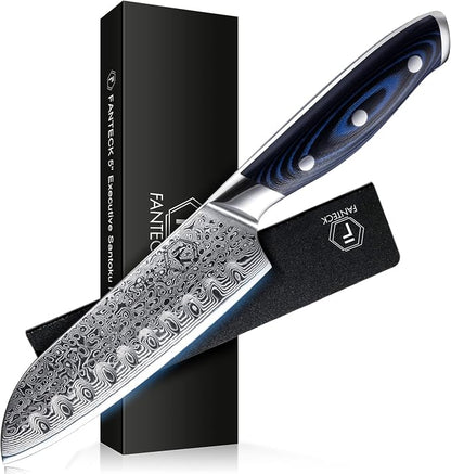 FANTECK Santoku Knife 5 Inch Damascus Japanese Steel Kitchen Knife,VG10 67-Layer High Carbon Full Tang Best Chef Santoku knives for Pro Chef&Restaurant, Blue G10 Handle,Gift Box&Sheath