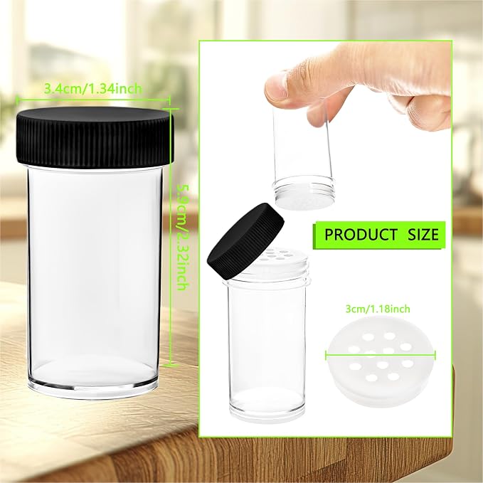 30 Pack 1 oz Mini Plastic Spice Jars with White Caps Clear Empty Spice Bottles with Sifters Small Seasoning Containers for Travel Storing Spice Seasoning Powders (Black)