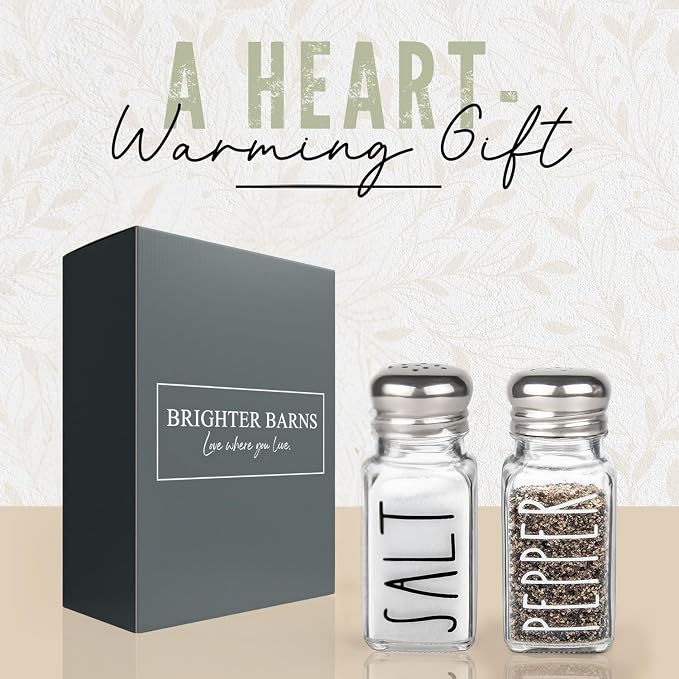 Clear Glass Salt and Pepper Shakers Set by Brighter Barns - Modern Kitchen Decor for Home Restaurant BBQ Camping RV - Farmhouse Kitchen Accessories - Glass Shakers & Stainless Steel Lids (Clear)