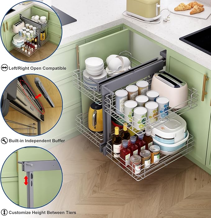 VADANIA Blind Corner Pull Out Organizer for 32" Cabinet, Left Open & Right Open Compatible, Min Opening 14", 2-tier Pull-out Basket, Soft Close, Bottom Mount