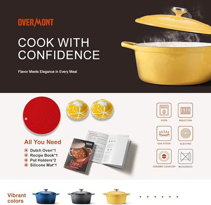 Overmont Enameled Cast Iron Dutch Oven - 5.5QT Pot with Lid Cookbook & Cotton Potholders - Heavy-Duty Cookware for Braising, Stews, Roasting, Bread Baking