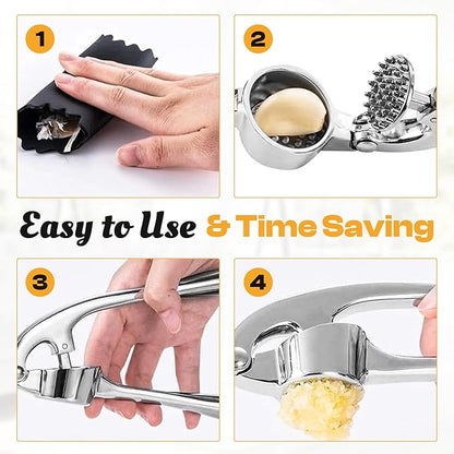Garlic Press Premium 3 Piece Set - Dishwasher Safe Professional Mincer with Soft Ergonomic Handle, Silicone Peeler, and Cleaning Brush