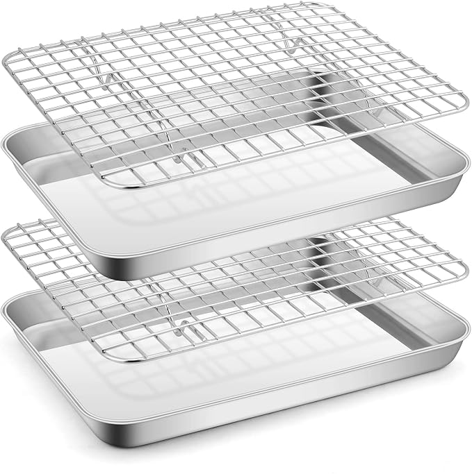 Stainless Steel Baking Sheet with Rack Set, E-far 12.4”x9.7” Cookie Sheet Broiling Pan for Oven, Rimmed Metal Tray with Wire Rack for Cooking/Baking/Cooling/Bacon, Non-toxic & Dishwasher Safe
