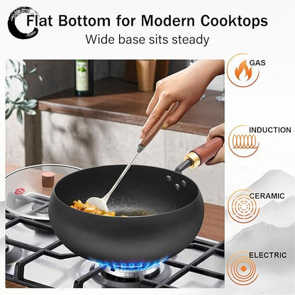 WANGYUANJI Carbon Steel Wok Pan Flat Bottom Iron Stir Fry Pan Induction Cookware 9.5 Inch Uncoated Small Traditional Skillet with Lid