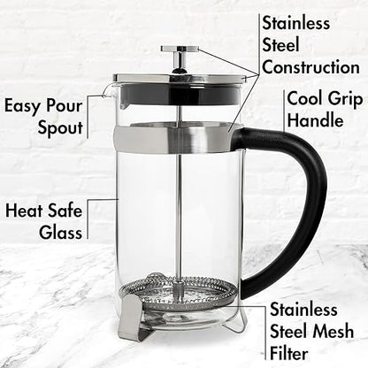 Primula French Press Coffee Maker, Temperature Safe Borosilicate Glass with Stainless Steel Filters, Premium Design and Quality, 34-Ounces, 8-Cup, Silver