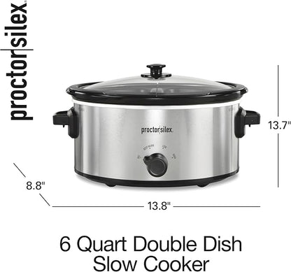 Proctor Silex Double Dish Slow Cooker with 6qt Crock and Dual 2.5qt Nonstick Insert to Cook Two Meals at Once, Dishwasher Safe Pot & Lid, Silver (33563)