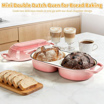 Mini Double Dutch Oven For Sourdough Bread Baking, 2.2QT Enameled Cast Iron Dutch Oven Pot With Lid, Non Stick Dual Round Bread Loaf Pan, 500°F Oven Safe, Sourdough Baking Pan For Homemade Baking