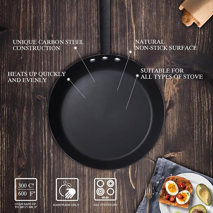 Coating-Free Carbon Steel Pan, Durable 10 Inch nitrided Frying Pan, Oven Broiler Safe 660F and Induction Compatible, PFOA Free
