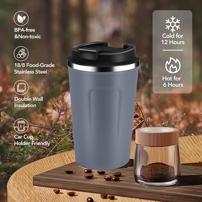 Volhoply 12 oz Double Wall Insulated Vacuum Travel Coffee Mug with Flip Lid Bulk 4 Pack,Reusable Stainless Steel Leak Proof Coffee Cups,Portable Cafe Thermal Tumbler for Hot & Cold Drinks(Gray,4 Set)