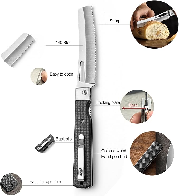 SENBON 440 stainless steel folding bread knife with carbon fiber handle camping barbecue outdoor back clip bread knife