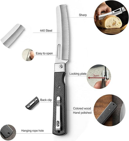 SENBON 440 stainless steel folding bread knife with carbon fiber handle camping barbecue outdoor back clip bread knife