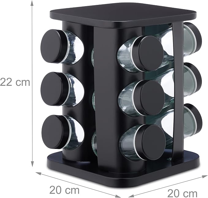 Relaxdays Spice Rack with 12 Spice Jars Refillable with Shaker Insert Rotating Spice Carousel Stainless Steel Black