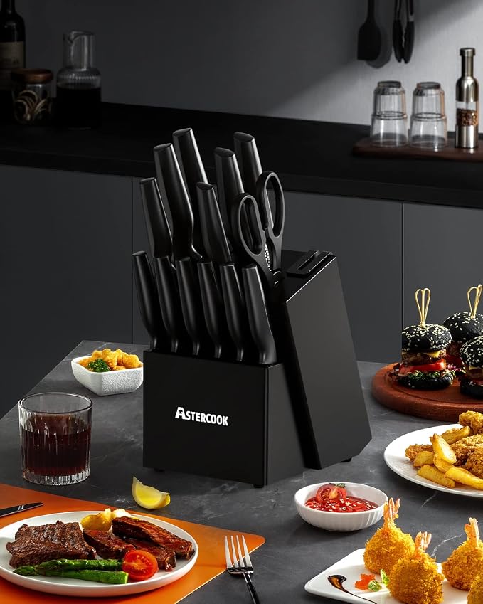 Astercook Knife Set, Kitchen Knife Set with Built-in Sharpener Block, Dishwasher Safe, 15 Pieces German Stainless Steel Knife Block Set, Black Perfect Kitchen Fathers Day Gift for Men
