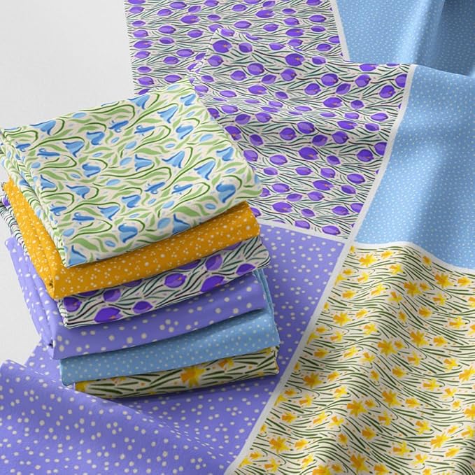 Patchwork Fabric Panel 100x155 cm, 100% Cotton Satin, 6 Coordinated Floral & Tulip Patterns, Yellow Blue Purple Spring Quilting Fabric (Spring Blossoms, 6pcs 50x50cm)