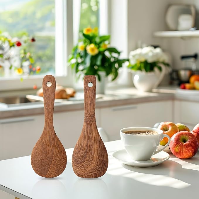 2 PCS Wooden Rice Spoon, 8.7'' Rice Serving Paddle Non Stick, Versatile Cooking Spoon Heat Resistant Cooking Utensils for Non Stick Cookware Serving Mixing Baking