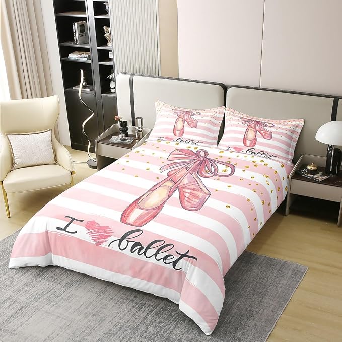 Ballet Shoes 100% Natural Cotton Duvet Cover Set King Size Pink White Stripes Comforter Cover with 2 Pillowcases Glitter Polka Dot Pattern Bedding Set for Bedroom Birthday Gifts(No Filler)