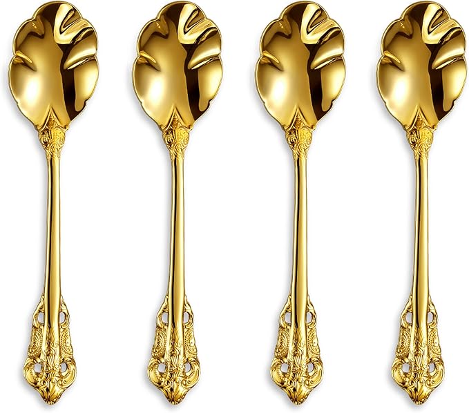 KEAWELL Premium Luxury 4-Piece 6" Tea Spoon Set, 18/10 Stainless Steel, Vintage Coffee Espresso Demitasse Spoons, Smooth Edges, Dishwasher Safe (Gold)