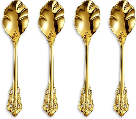 KEAWELL Premium Luxury 4-Piece 6" Tea Spoon Set, 18/10 Stainless Steel, Vintage Coffee Espresso Demitasse Spoons, Smooth Edges, Dishwasher Safe (Gold)