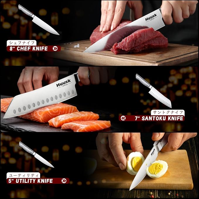 Huusk Chef Knife Set of 3, Japanese Stainless Steel Knife Set Dishwasher Safe, Ultra Sharp Kitchen Knives Sets with Ergonomic Anti-slip Handle, Professional Cooking Knives Sets, Christmas Gift for Men