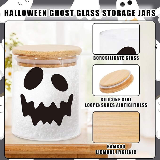 JarThenaAMCS 3Pcs Halloween Glass Storage Jars with Airtight Bamboo Lid Ghost Decorative Clear Food Storage Canisters Sets for Home Kitchen Countertop Decoration