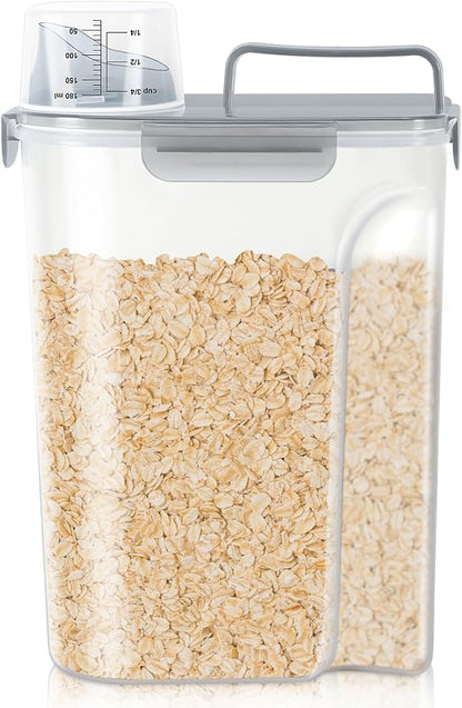 TBMax Rice Container 10 Lbs, Cereal Container Oatmeal Storage, Airtight Food Dispenser with Pouring Spout & Cup for Flour Grain Beans, Pet Dog Cat Food Storage Container-Translucent Grey